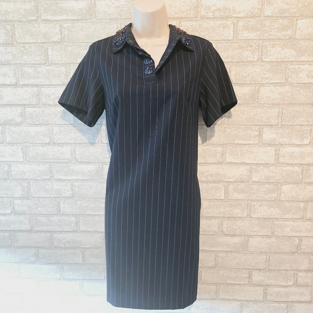 NWT J. Crew Navy Blue Pinstripe Short Sleeve Beaded Collar Shift Dress XS